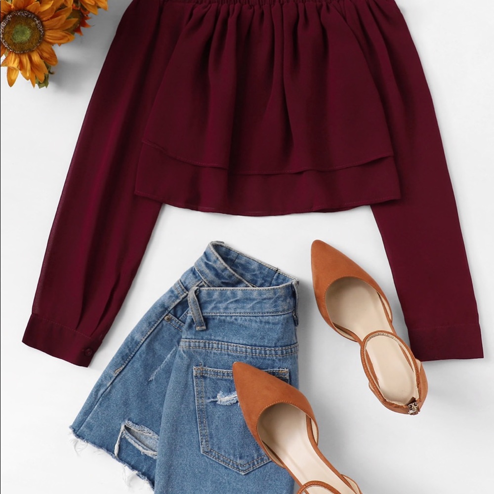 Off Shoulder Long Sleeve Chiffon Cropped Top - Picture 2 of 8